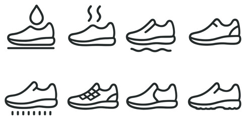 Naklejka premium Shoe features linear icon set. waterproof, breathable, lightweight, non-slip, comfortable, stylish, durable shoes