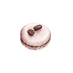 Watercolor illustration of a coffee macaron topped with two coffee beans. The dessert in warm brown shades conveys coziness, aroma, and a coffee shop atmosphere.