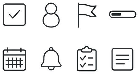 Ui elements linear icon set. featuring checkmark, user, flag, progress bar, calendar, notification, checklist, document