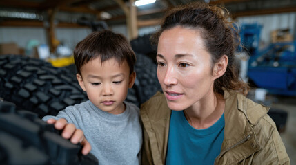 In a friendly automotive store, a mother and her young son explore tires closely, embodying curiosity and connection as they engage in a shared learning experience together.