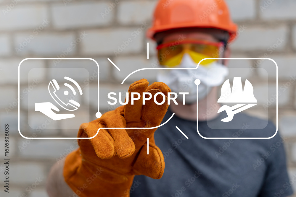 Poster worker or engineer using virtual touch screen presses the word support. concept of technical support