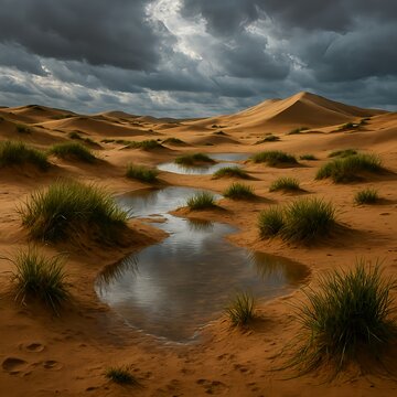 Rare Rainfall in Sahara Desert with Reflective Puddles