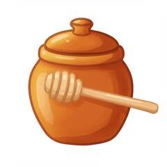 Pot Of Sweet Golden Honey with Wooden Dipper Cartoon Illustration