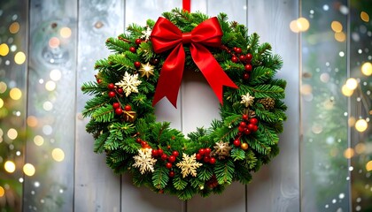 Festive Christmas wreath adorned with red ribbon and ornaments, set against a wooden backdrop with lights