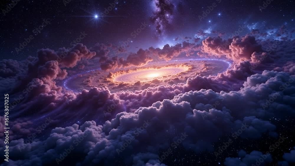 Poster mesmerizing cosmic dust clouds swirl in deep space, forming intricate nebulae, with iridescent glowi