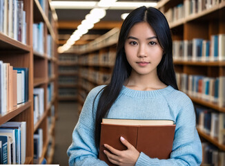 Asian female student with books in library