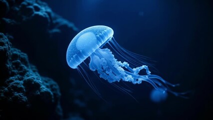 Mysterious deep ocean bioluminescent jellyfish drift, pulsating with dark academia neon luminescence, a gentle rhythmic slow movement