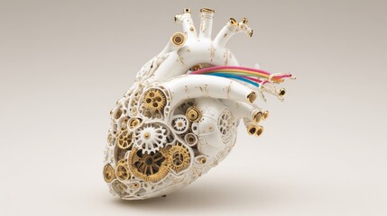 Intricate steampunk mechanical heart with gold gears and colorful exposed wires merging anatomy and technology
