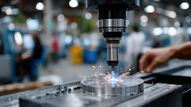 This image captures a precision machine cutting metal, with sparks flying, reflecting the intricate work and technology used in manufacturing environments today.
