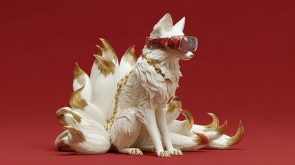 Stylized white multi-tailed fox with gold tips wearing a decorated virtual reality headset and golden chain collar against a red background
