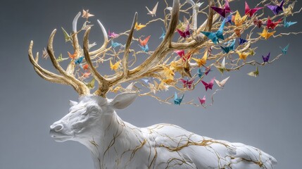 White deer sculpture with golden kintsugi veins and antlers transforming into branches releasing colorful origami cranes on neutral grey background