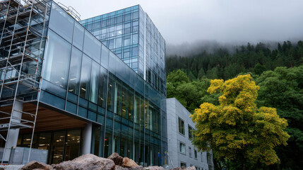 A close-up view of a modern building featuring expansive glass walls, framed by lush greenery and misty mountains, capturing the essence of nature-friendly architecture.