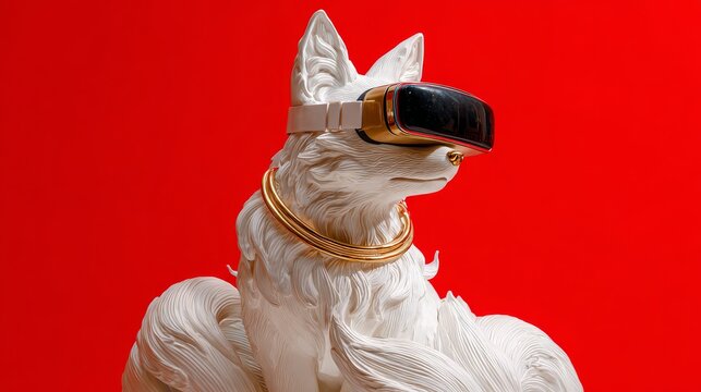 White fox sculpture with VR headset and gold ring on vibrant red background futuristic contrast - Powered by Adobe