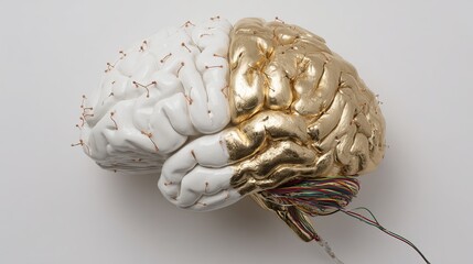 Dual hemisphere brain model with pins and colorful wires symbolizing the fusion of biology and technology