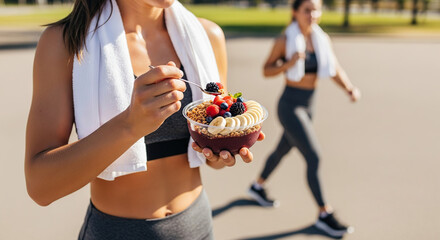 Woman eating acai bowl with fresh fruits and granola outdoors after exercise in activewear.