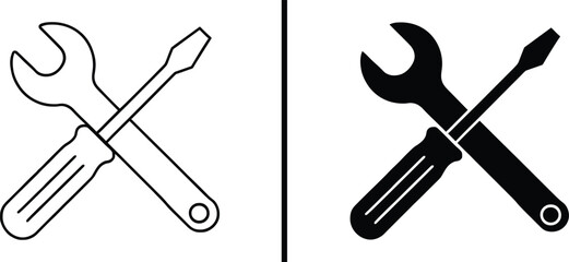Maintenance Tools Icon: A minimalistic black and white illustration of a wrench and screwdriver, symbolizing repair and service.
