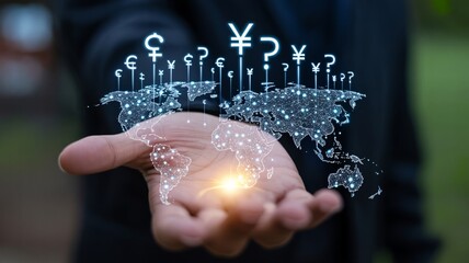 Hand holding digital world map with currency symbols and question marks image photo
