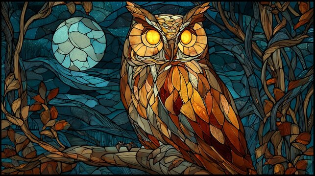 Stained-glass owl with glowing eyes perched on tree branch under full moon in a vibrant night forest scene