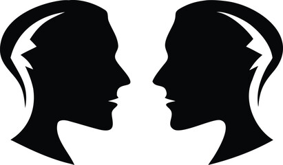 Flat Isometric Vector of Two Silhouette Profiles Facing Each Other – Minimalist Symmetrical Black and White Illustration