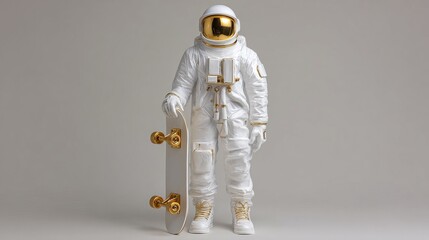 Astronaut in white suit with gold accents holding skateboard with gold wheels on neutral background