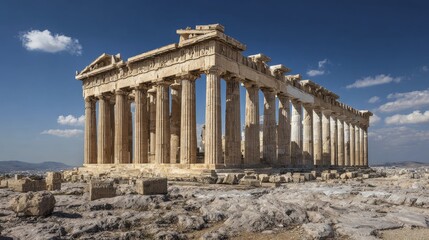 Fototapeta premium A vast, ancient temple structure stands majestically against a clear, sunny sky, showcasing the remnants of classical architecture.