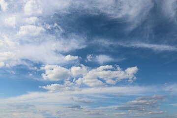 Bright blue sky with white clouds — symbol of purity, freedom, and harmony, perfect for backgrounds, design, websites, and advertising projects