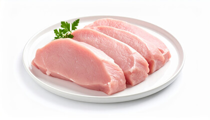 Four Pork Cutlets on White Plate with Parsley Garnish, Studio Shot