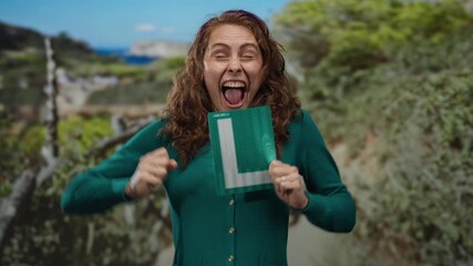Young woman wearing green sweater at outdoor park holding learner sign and displaying excitement with nature in the background.
