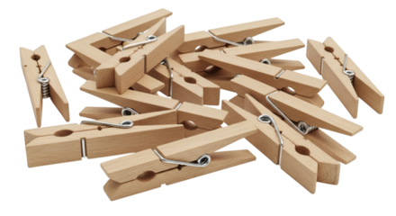 Group of Wooden Clothespins Isolated on White Surface Suggesting Laundry or Craft Concepts with Organization