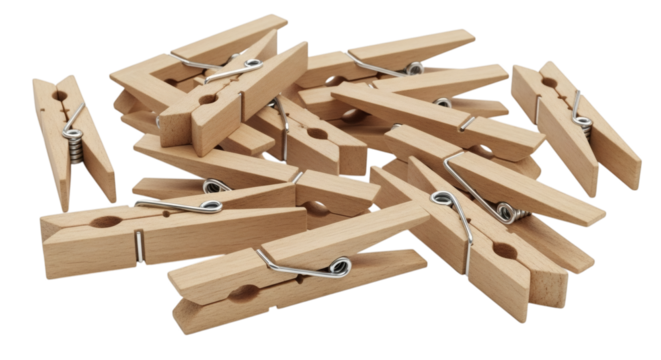 Group of Wooden Clothespins Isolated on White Surface Suggesting Laundry or Craft Concepts with Organization