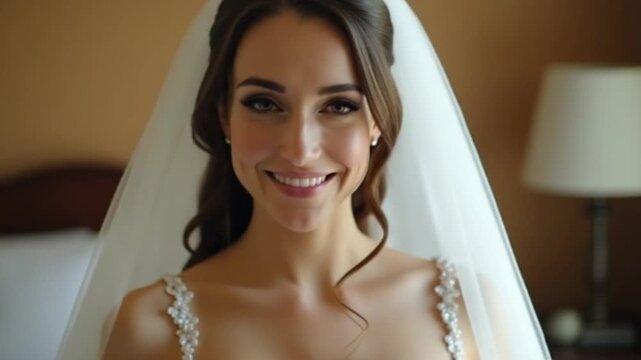 Beautiful and lovely bride in night gown and veil. Wedding morning. Slow motion