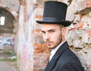 A man in a top hat, looking serious