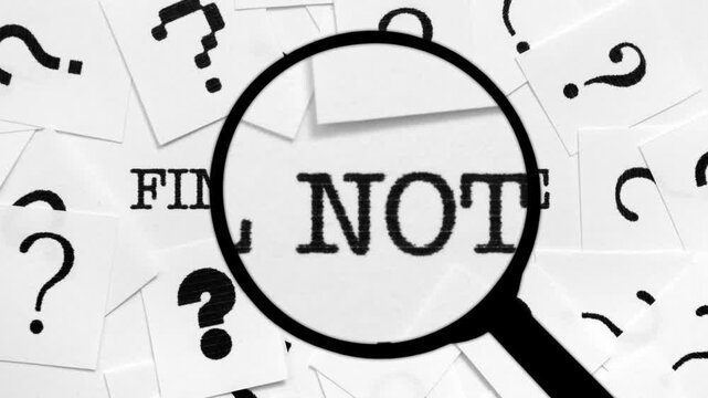 Magnifying Glass Searching for final notice Among Question Marks and Words