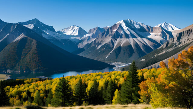 Majestic mountain range with snow-capped peaks overlooking a golden autumn forest and a serene blue lake. - Powered by Adobe