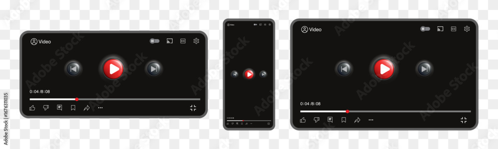 Poster video player interface template – realistic media player with play button, progress bar, controls, a