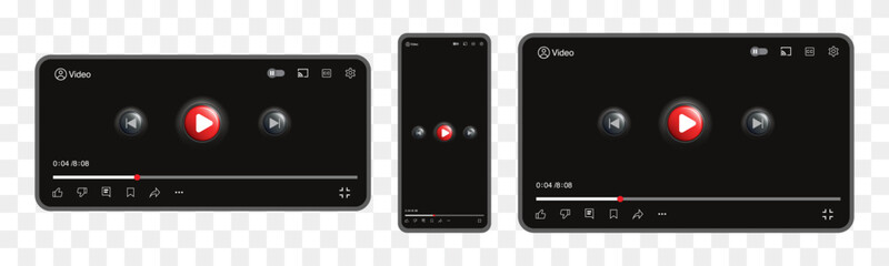 Video Player Interface Template &ndash; Realistic Media Player with Play Button, Progress Bar, Controls, and UI Design for Mobile and Desktop Streaming Applications