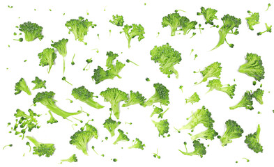 fresh uncooked broccoli flying, isolated on white background, clipping path