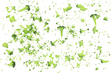 fresh uncooked broccoli flying, isolated on white background, clipping path
