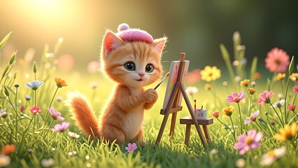 Fototapeta premium Cute Kitten Painting Colorful Flowers on Sunny Green Meadow