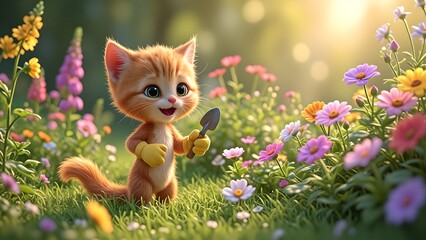 Fototapeta premium Smiling Orange Kitten Holding Garden Tool in Colorful Flower Field