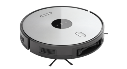Modern robot vacuum cleaner on white background provides innovative domestic technology for home cleaning.