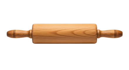 Wooden rolling pin isolated on white background presents a simple rustic baking tool essential for cooking
