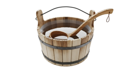 Authentic sauna experience with wooden bucket and ladle for wellness and relaxation on white background.