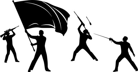 Color guard svg, Color guard flag svg, Marching band flag svg, Color guard rifle svg, Color guard sabres svg, Color guard silhouette, Color guard flag silhouette, Marching band flag silhouette