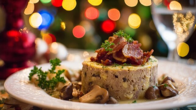 Danish Christmas p&acirc;t&eacute; in sharp focus, warm with crispy bacon and mushrooms, rich flavor in rustic detail.