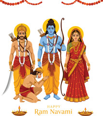 Ram Navami divine greeting with Lord Rama, Sita, and Lakshmana as Hanuman bows, celebrating the powerful Hindu religious festival.