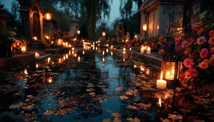 Burning candles in a cemetery, reflecting remembrance and peace