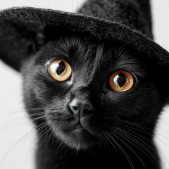black cat face in hat close up on white background. Illustrations for Halloween