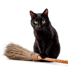 Witch, black cat with broom on white background. Illustrations for Halloween