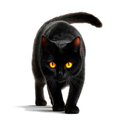 black cat walking towards camera on white background. Illustrations for Halloween